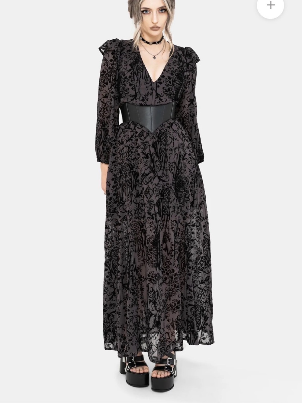 Thorned Flocked Chiffon Castle Print Frill Neck Maxi Dress - Picture 11 of 11